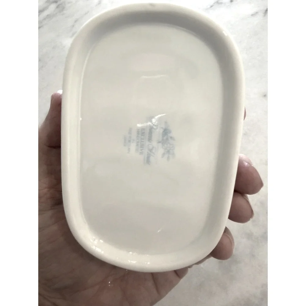 Vtg Princess House Porcelain Soap Dish Blue Ribbon Floral Handmade cottagecore